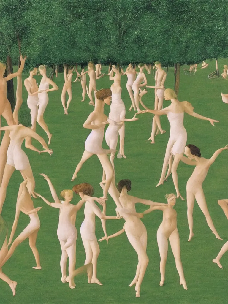 Image similar to A stylish group of disco dancers, dancing outside in a lush green field, pastel colors, long shadows. Painting by Alex Colville, Piero della Francesca