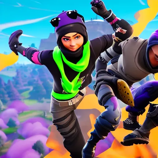 Image similar to Epic photo of fortnite ninja epic Duo Stunt trick with Johnny Blazed jumping 10 fortnite battle buses