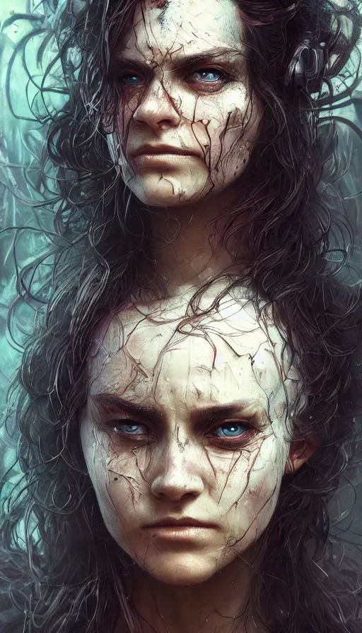 Image similar to furious gorgeous woman, face covered in dirt, lord of the rings ,cyberpunk, neon, fibonacci, sweaty, insane, intricate, highly detailed, digital painting, artstation, concept art, smooth, sharp focus, illustration, Unreal Engine 5, 8K, art by artgerm and greg rutkowski and alphonse mucha