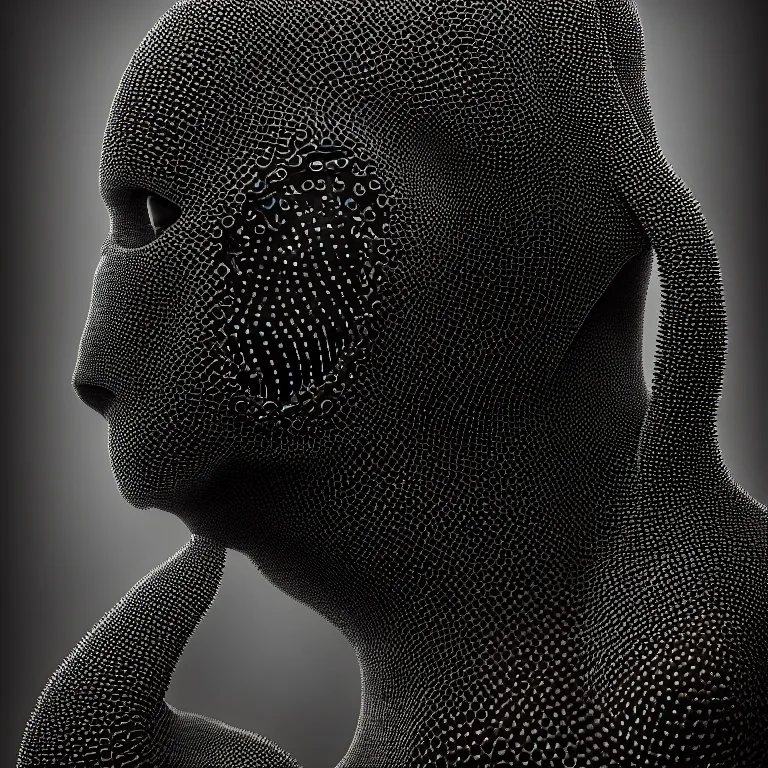 Image similar to portrait of beautiful man wearing black ribbed trypophobia black mask covered with ribbed spinal tubes, wastelands, baroque painting, beautiful intricate insanely detailed octane render, artstation, 8 k artistic harsh flash photography, photorealistic, volumetric perfect light, chiaroscuro, beeple, annie liebovitz, raphael, caravaggio, rutkowski