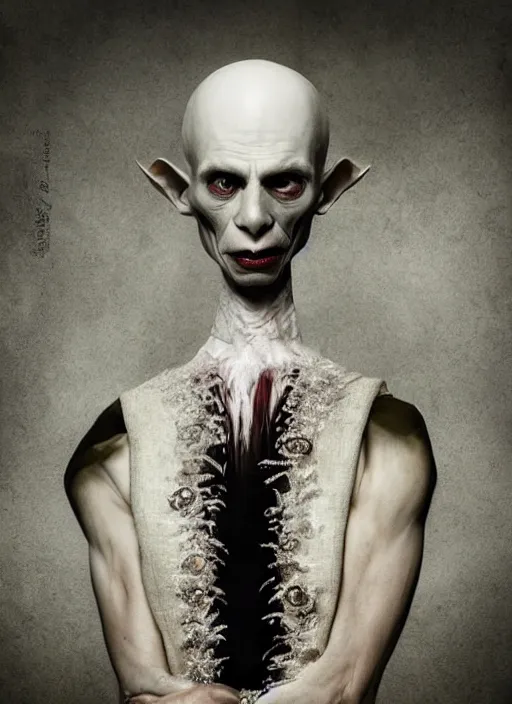 Image similar to a portrait of nosferatu by erwin olaf and nekro borja, photorealistic, intricate details, hyper realistic, dark fantasy, rococo onyx headpiece, crystals, photorealistic, canon r 3, photography, symmetrical features, symmetrical pose, wide angle shot, head to toe, standing pose, feet on the ground