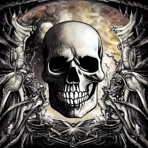 Image similar to heavy metal album art, hellfire, no text, skull