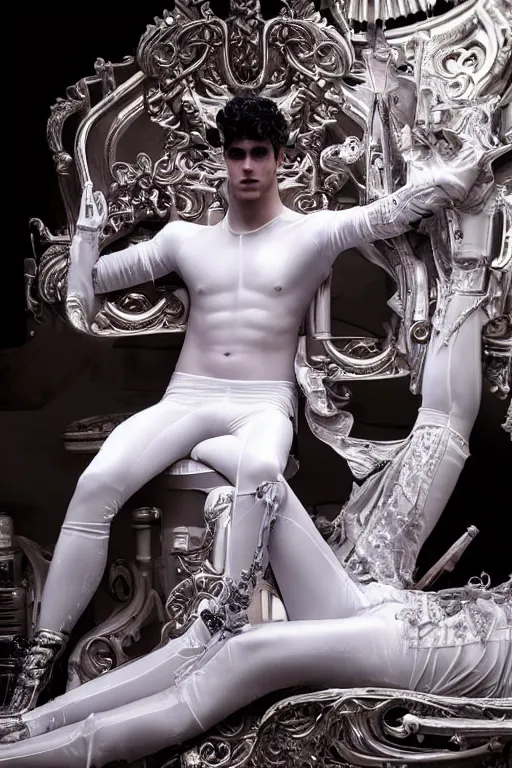 Image similar to full-body rococo and cyberpunk style neon statue of a young attractive Darren Criss macho dotado e rico android sim roupa reclining con las piernas abertas e la piroca dura, glowing white lasers, glowing eyes, silver prince crown, silver steampunk gears, white diamonds, swirling mint-colored silk fabric. futuristic elements. ethereal white dripping tar. full-length view. space robots. human skulls. large white balloon animals. intricate artwork by caravaggio. Trending on artstation, octane render, cinematic lighting from the right, hyper realism, octane render, 8k, depth of field, 3D