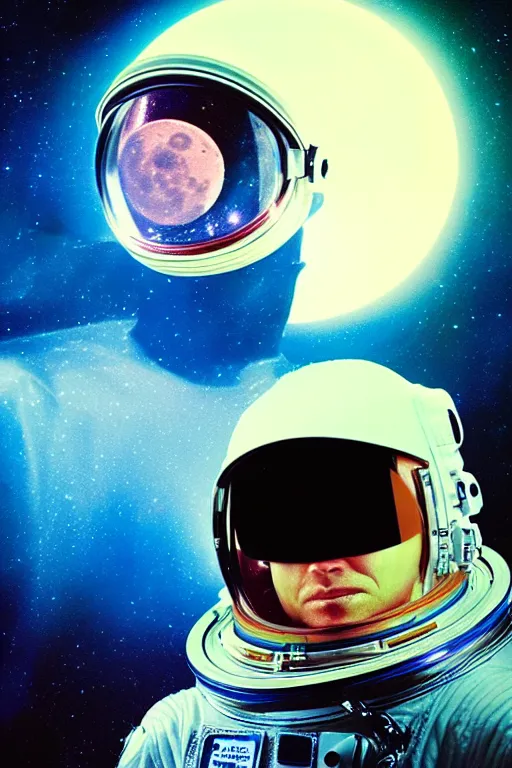 Prompt: extremely detailed portrait of space astronaut, holds iphone up to visor, reflection of iphone in visor, moon, alien, extreme close shot, soft light, award winning photo by david lachapelle