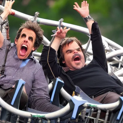 Image similar to ben stiller and jack black on rollercoaster, screaming!, hands in the air, highly detailed, high resolution, candid