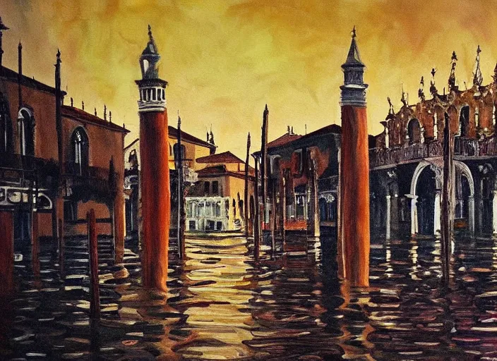 Image similar to painting of Venice completely flooded, underwater view, fishes, dystopian, dark feeling, ambience lighting