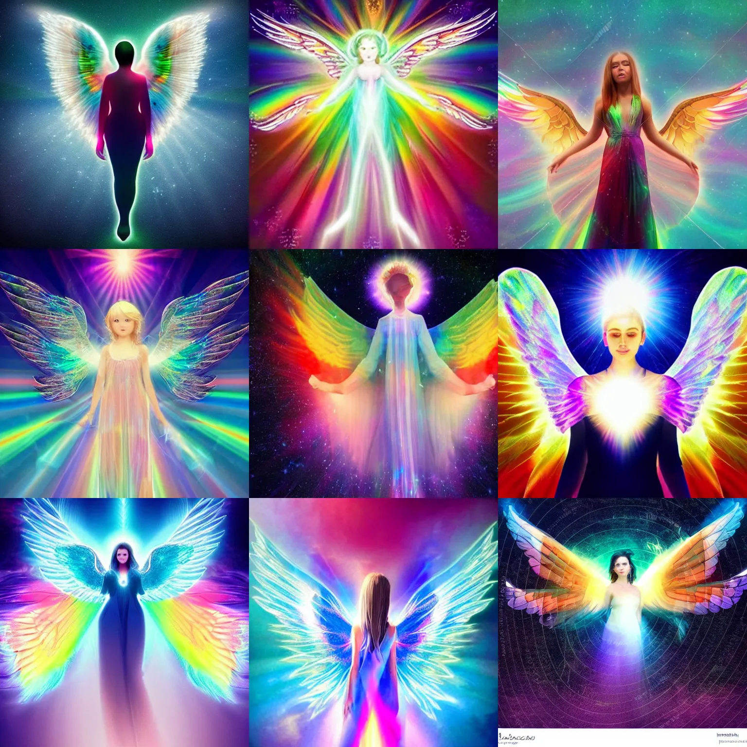 Prompt: beautiful radiant angel, glorious supernatural power, mystical purity, bright rainbow halo, symmetrical full body, holographic translucent wings. glowing turbulent mist