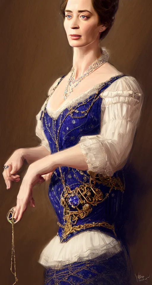 Image similar to portrait of emily blunt as queen victoria, jewelry, greek, sapphire, victorian age, 1 8 9 0, intricate, headshot, key visual, conceptart, ambient lighting, highly detailed, digital painting, artstation, concept art, sharp focus, by makoto shinkai and akihiko yoshida and greg manchess