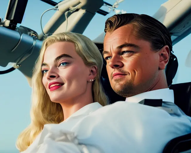 Image similar to leonardo dicaprio as the wolf of wall street next to margot robbie as naomi from the wolf of wall street in a helicopter, hyper realistic faces, beautiful eyes, cinematic, long shot, hyper detailed, 8 5 mm photograph, 8 k resolution, film still, sharp lens, wide lens