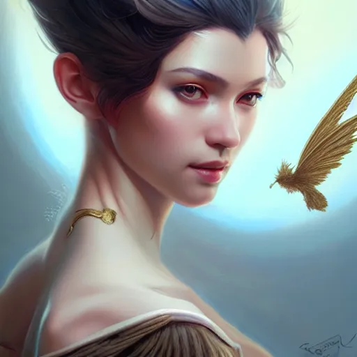 Image similar to 3 / 4 view of a portrait of beautiful woman with wings, confident pose, pixie, genshin impact, high quality, intricate, elegant, sharp focus, illustration, highly detailed, concept art, matte, trending on artstation, art by wlop and artgerm and greg rutkowski, h 6 4 0