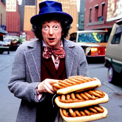 Prompt: fourth doctor tom baker eating 90 hot dogs at once wearing a magicians hat in a new york alley way