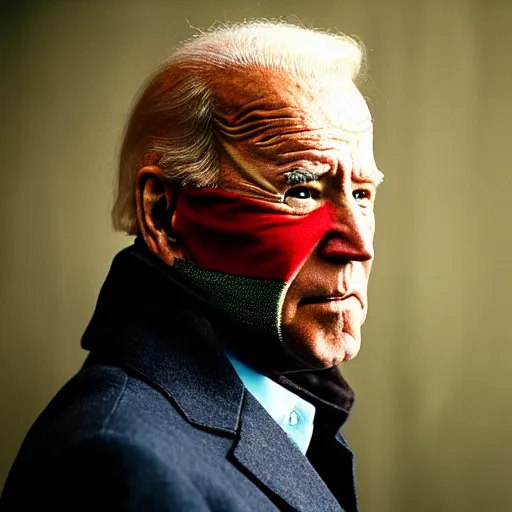 Image similar to portrait of president joe biden as afghan man, green eyes and red scarf looking intently, photograph by steve mccurry