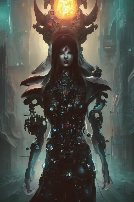 Prompt: portrait of a malevolent cybernetic necromancer announcing lay offs to the populace, cyberpunk concept art by pete mohrbacher and artgerm and wlop and greg rutkowski and deathburger, digital art, highly detailed, intricate, sci-fi, sharp focus, Trending on Artstation HQ, deviantart, unreal engine 5, 4K UHD image