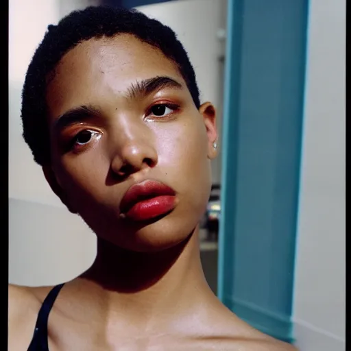 Image similar to realistic photoshoot for a new dior lookbook, color film photography, portrait of a beautiful woman, in style of tyler mitchell, 35mm