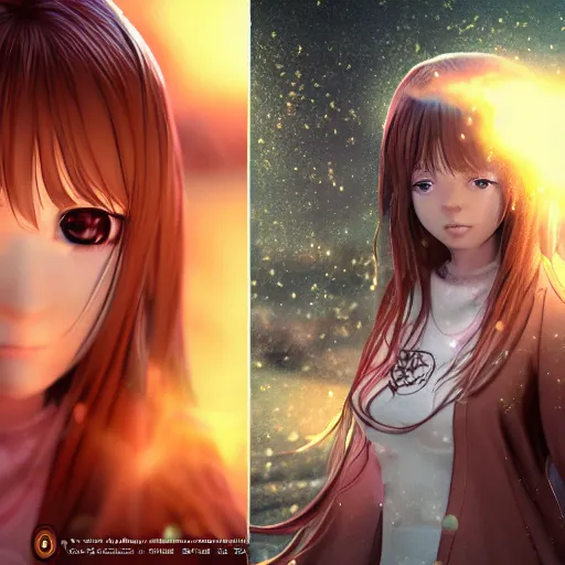 Image similar to Anime Teenage female Mage, outdoors lighting, astral background, detailed face,symmetrical face and body, confident, smile, detailed moisture, detailed droplets, detailed intricate hair strands, DSLR, ray tracing reflections, eye reflections, focused, unreal engine 5, vfx, post processing, post production, Arcane Style, 8k