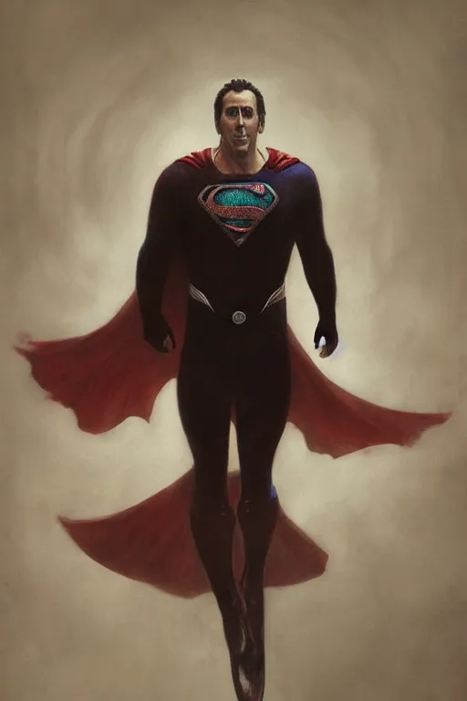 Image similar to Portrait of Nicolas Cage as superman, DC, dark fantasy, intricate, smooth, artstation, painted by Wayne Barlowe, Greg Rutkowski, Zdislav Beksinski