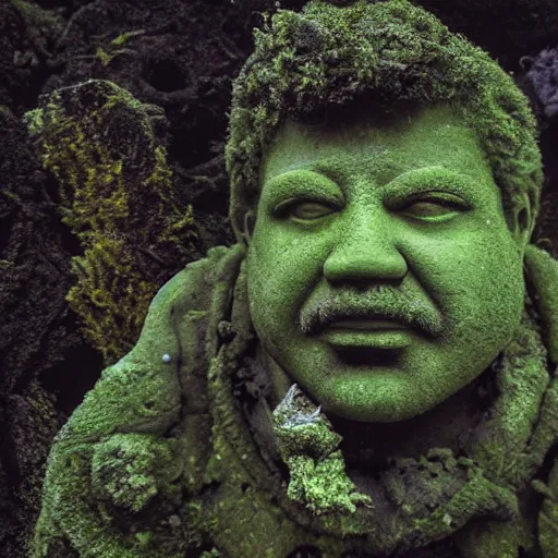 Image similar to Award-winning photograph by Mar Mann. The photo depicts a decaying roman bust of Tim Maia overgrown with moss at the bottom of the sea in the middle of ruins of civilization. Minimalism, high definition, perfect composition. Deep sea picture. Very dark. Volumetric Lighting. Fish. Darkness. Ruins