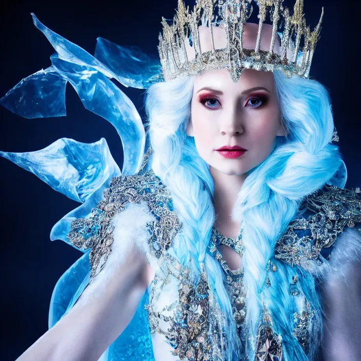 Prompt: full length photo of a very beautiful!! ice queen with ornate robes, highly detailed, 4 k, hdr, smooth, sharp focus, high resolution, award - winning photo