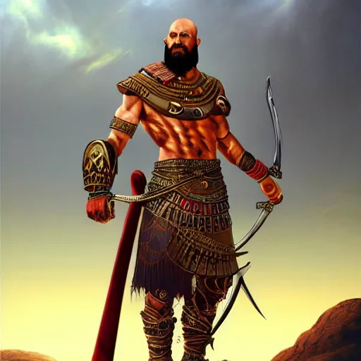 Prompt: kratos the god of war as an egyptian warrior, pharaoh, egypt, pyramids, by alex gray and android jones, karol bak, ayami kojima, amano, moebius, concept art, character design, fantasy, 3 d, 8 k resolution