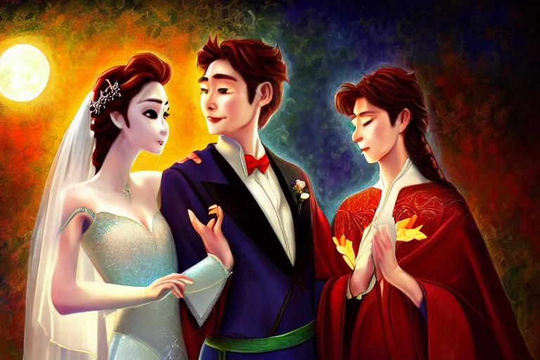 Image similar to a cinematic portrait of wedding photograph jpeg close up moment of a divine a japan sun god and moon goddess lovers magician at a wedding banquet. portraiture. digital painting. artstation. concept art. wedding photo. digital painting. frozen ii art masterpiece by art by krenz cushart