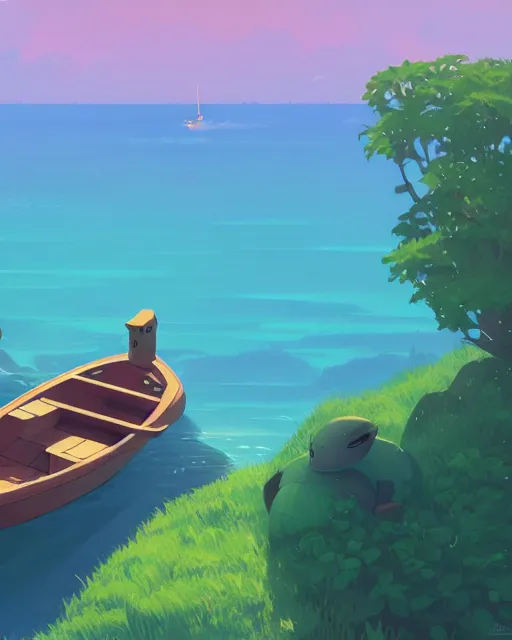 Prompt: small wooden boats around turtle shaped island, lush vegetation, azure water, glowing light, cory loftis, james gilleard, atey ghailan, makoto shinkai, goro fujita, studio ghibli, rim light, exquisite lighting, clear focus, very coherent, plain background, soft painting