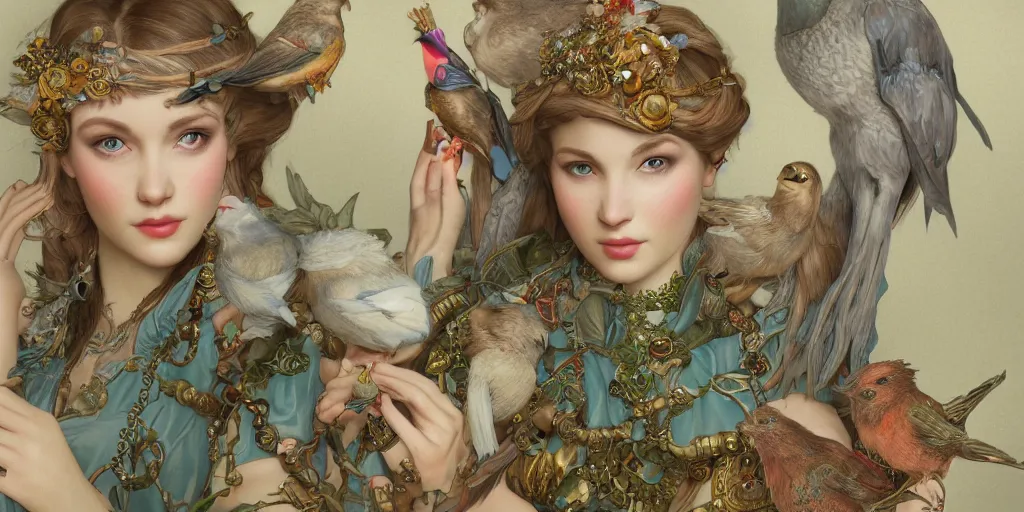 Image similar to zoom in 3 d render of english princess holding birds, ornaments, mucha vibe, dieselpunk, solarpunk, artstation, andrei riabovitchev