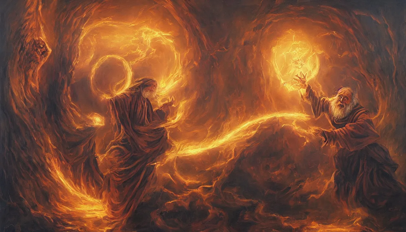 Image similar to Beautiful painting of an old wizard opening a portal to Hell, 4k