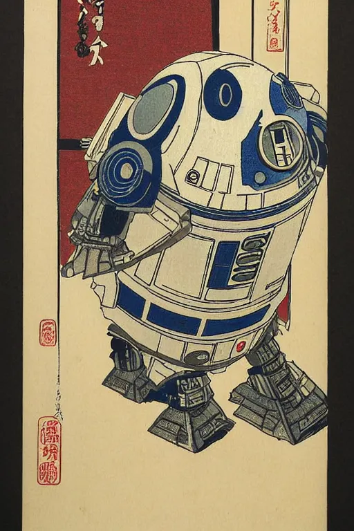 Image similar to Japanese woodblock print of r2d2, hokusai