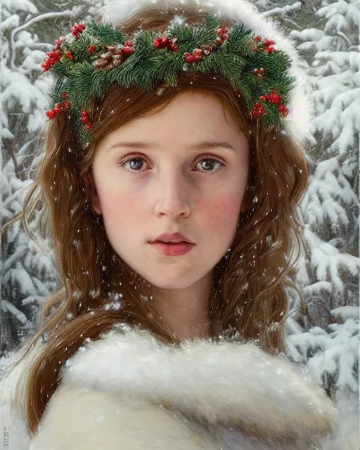 Image similar to a well - lit, realistic portrait painting of a thoughtful girl resembling a young, shy, redheaded alicia vikander or millie bobby brown wearing a christmas wreath in her hair and peasant dress in a deep snow - covered forest at dusk, highly detailed, intricate, concept art, artstation, by donato giancola, ron cobb, and william bouguereau