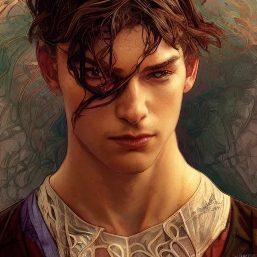 Image similar to Beautiful portrait of spiderman, wide angle, intricate, wild, highly detailed, digital painting, artstation, concept art, smooth, sharp focus, illustration, art by artgerm and greg rutkowski and alphonse mucha - W 768