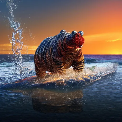 Image similar to a closeup photorealistic photograph of a cute smiling knitted tiger hippopotamus splashing in the waves at sunset. surf in background. professional capture. brightly lit scene. this 4 k hd image is trending on artstation, featured on behance, well - rendered, extra crisp, features intricate detail, epic composition and the style of unreal engine.