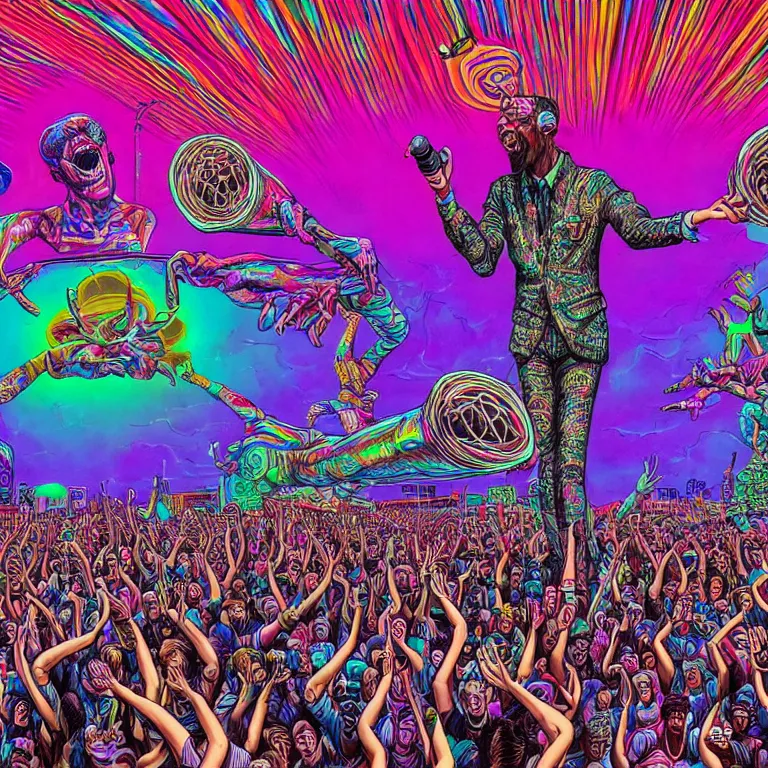 Image similar to rapping on stage at festival, holding microphone, giant crowd, epic pose, happy, psychedelic, hip hop, surreal, neon, vaporwave, detailed, illustrated by Alex Grey, 4k