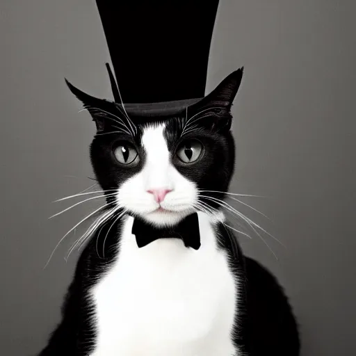 Image similar to studio photograph of a black and white cat with a tophat