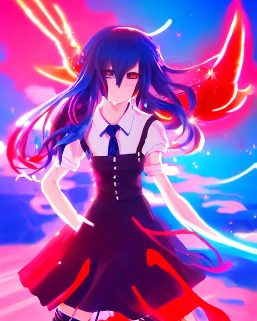 Image similar to anime style, vivid, expressive, full body, 4 k, painting, a cute magical girl idol with a long wavy hair wearing a dress fighting monsters, blue and red, balance, correct proportions, stunning, realistic light and shadow effects, neon lights, studio ghibly makoto shinkai yuji yamaguchi