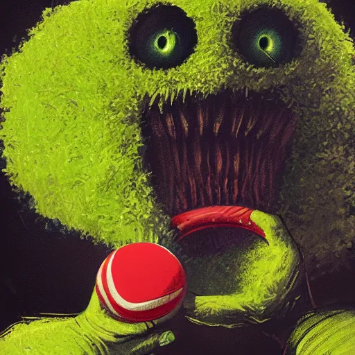 Image similar to a tennis ball monster , water, tennis ball, dark, chalky, digital art, fantasy, magic, trending on artstation, ultra detailed, professional illustration by Basil Gogos