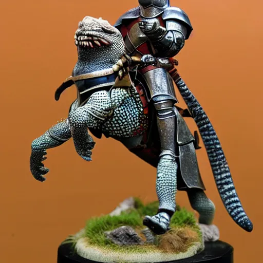 Image similar to A medieval knight riding on a giant two legged leopard gecko, highly detailed, painted wargaming miniature