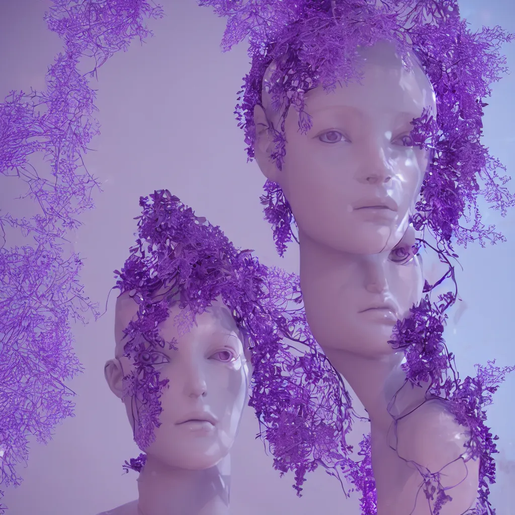 Image similar to beautiful mannequin sculpted out of amethyst by billelis + lit with 3 d geometric neon + facing a doorway opening with neon pink geometric fractal light + flowering hosta plants!!!, moon in background!!, moody, dramatic, rule of thirds, confident, award winning, 4 k, trending on artstation, photorealistic, volumetric lighting, octane render