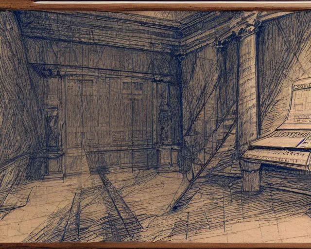 Image similar to red blue and green ballpoint pen on plywood. Piranesi imagination.