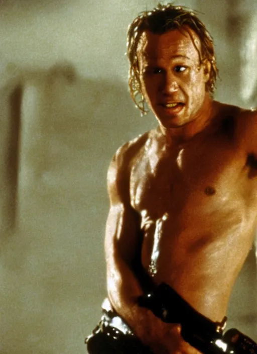Prompt: film still of Heath Ledger as John McClane in Die Hard, 4k