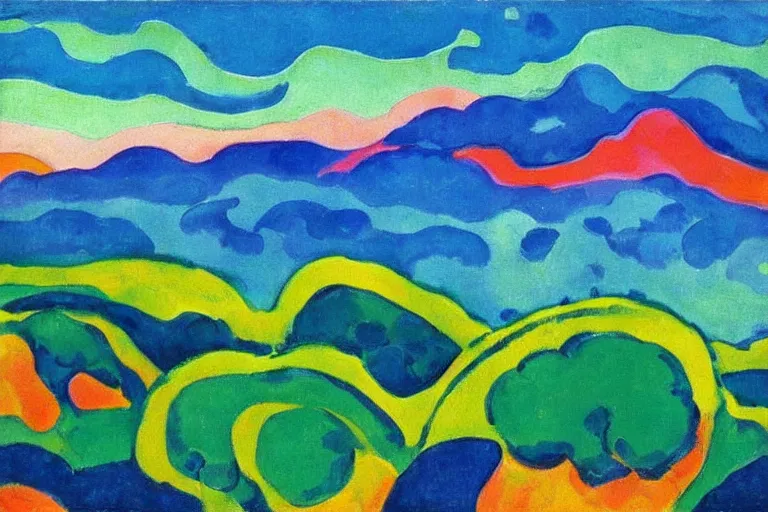 Image similar to Landscape painting. Wild energy patterns rippling in all directions. Curves, zig-zags. Organic. Mountains. Clouds. Vegetation. Rushing water. Waves. LSD. Fauvism. Emil Nolde. Matisse