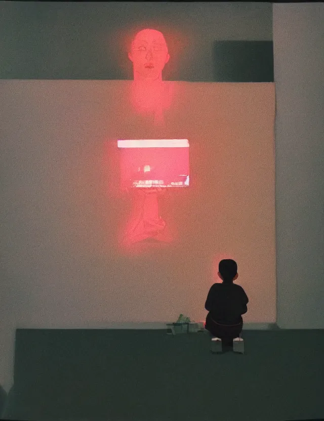 Image similar to boy in dark room sitting on a chair infront of tv, glitch, wide shot, coloured polaroid photograph, pastel, kodak film, hyper real, stunning moody cinematography, by maripol, fallen angels by wong kar - wai, style of suspiria and neon demon, david hockney, detailed, oil on canvas