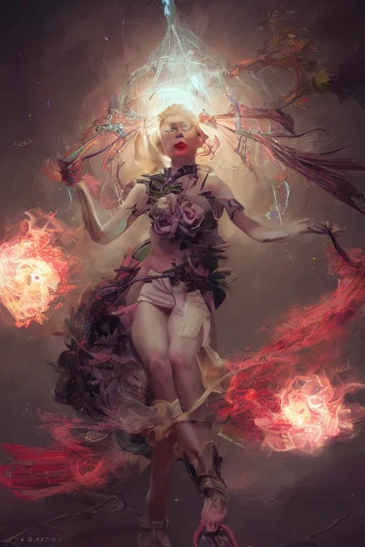 Prompt: beautiful girl necromancer, witch - doctor exploding into flowers, angels, 3 d render, hyper - realistic detailed portrait, holding fire and electricity rainbow, ruan jia, wlop. scifi, fantasy, magic the gathering, hyper detailed, octane render, concept art, peter mohrbacher