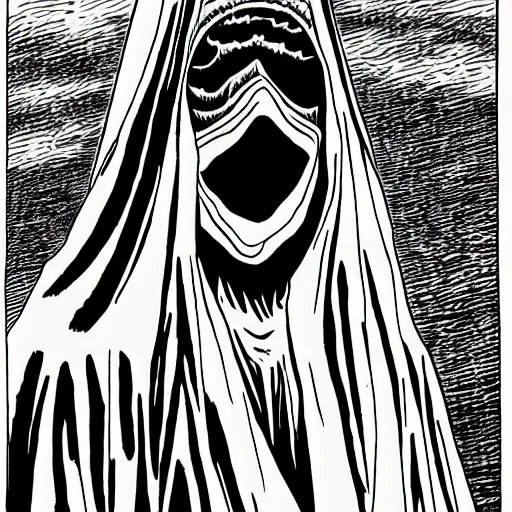 Prompt: hooded man, junji ito,