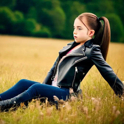 Image similar to young girl lies on a meadow, she has two ponytails and wears leather jacket, jeans and knee high black boots, sharp focus, photo taken by nikon, 4 k,