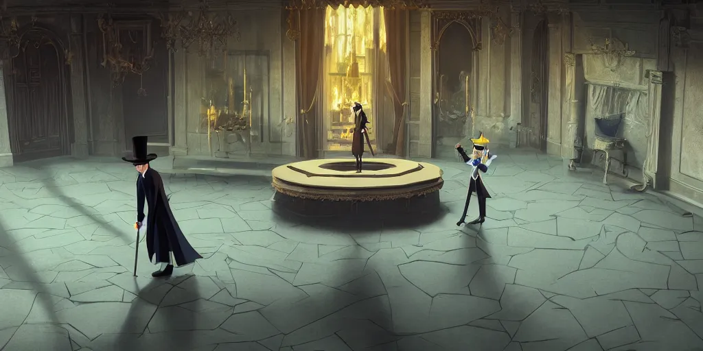 Prompt: animation key shot of a magician with a pointy hat dressed sweeping the floor in an elegant castle, studio ghibli, pixar and disney animation, sharp, rendered in unreal engine 5, anime key art by greg rutkowski, bloom, dramatic lighting