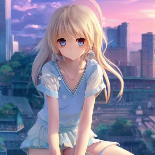 Prompt: a very beautiful anime girl, full body, long wavy blond hair, sky blue eyes, full round face, short smile, cute top, miniskirt, sitting on a miniature city, cinematic lightning, medium shot, mid-shot, highly detailed, trending on Artstation, Unreal Engine 4k, cinematic wallpaper by Stanley Artgerm Lau, WLOP, Rossdraws, James Jean, Andrei Riabovitchev, Marc Simonetti, and Sakimichan