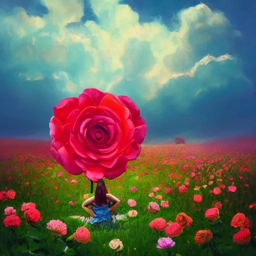 Image similar to giant rose flower head, full body girl sitting in a flower field, surreal photography, sunrise, dramatic light, impressionist painting, colorful clouds, digital painting, artstation, simon stalenhag