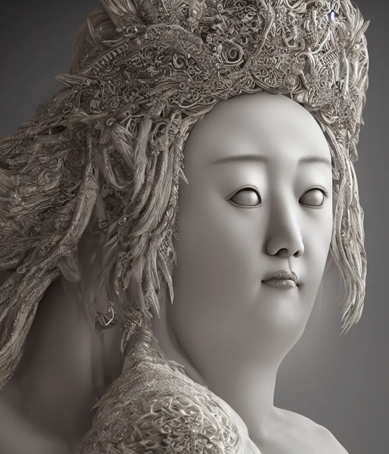 Image similar to hyper realistic portrait photo of ameterasu the sun goddess of japan, portrait shot, porcelain white face, intricate detail, octane render