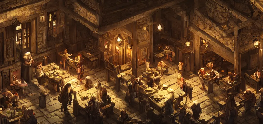 Image similar to medieval tavern, isometric view, game art, game dev, concept, extremely high detail, photo realistic, cinematic lighting, post processed, concept art, artstation, matte painting, style by eddie mendoza, raphael lacoste, alex ross