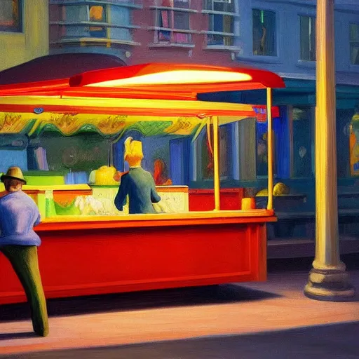 Image similar to a storybook illustration of a lone foodtruck glowing from inside, quiet night scene like Edward Hopper masterpiece, intricate, elegant, fantasy, highly detailed, digital painting, concept art, sharp focus, artstation